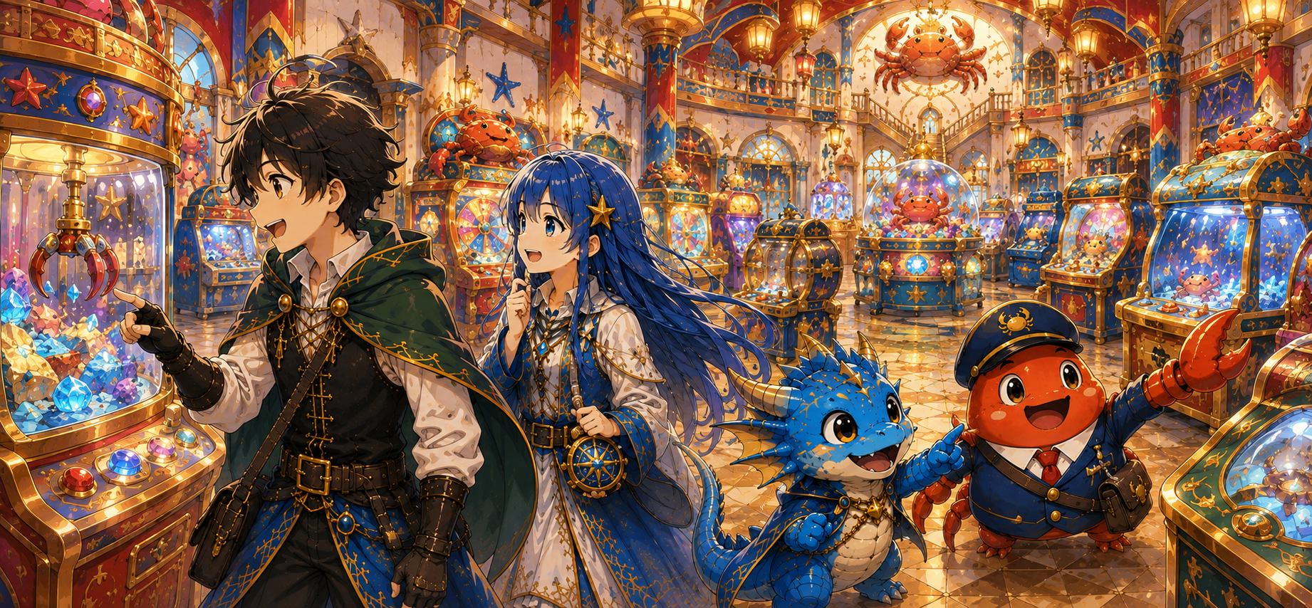 友、龍、キュイ、龍宮寺蟹丸がファンタジーゲームセンターで遊ぶゲーム広場